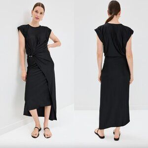 NWT Rabanne Black Draped Jersey Gold Pierce Drop Waist Asymmetrical Midi Dress